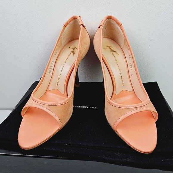 Giuseppe Zanotti Design TAK 90 Sandolo Peach Peep Toe Suede 4" Heels, 6B - Picture 5 of 11